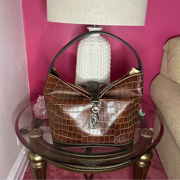 Dooney & Bourke Handbags - Dooney & Bourke Brown Croco Embossed Leather Logo Lock Hobo Bag